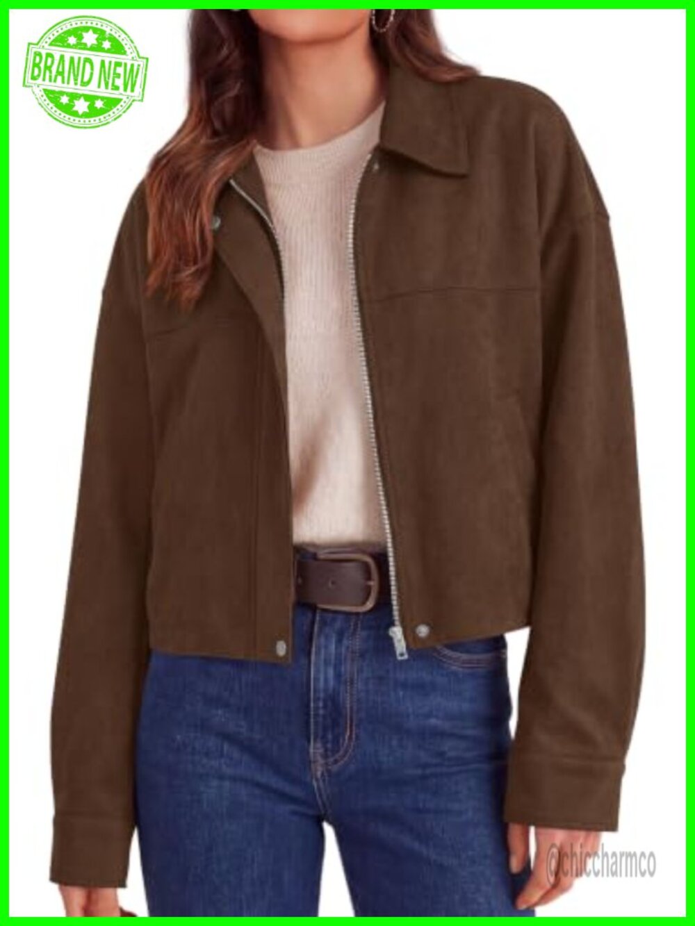 Faux Suede Cropped Jacket Women Zip Up Lapel Collar Casual Fall Coat
